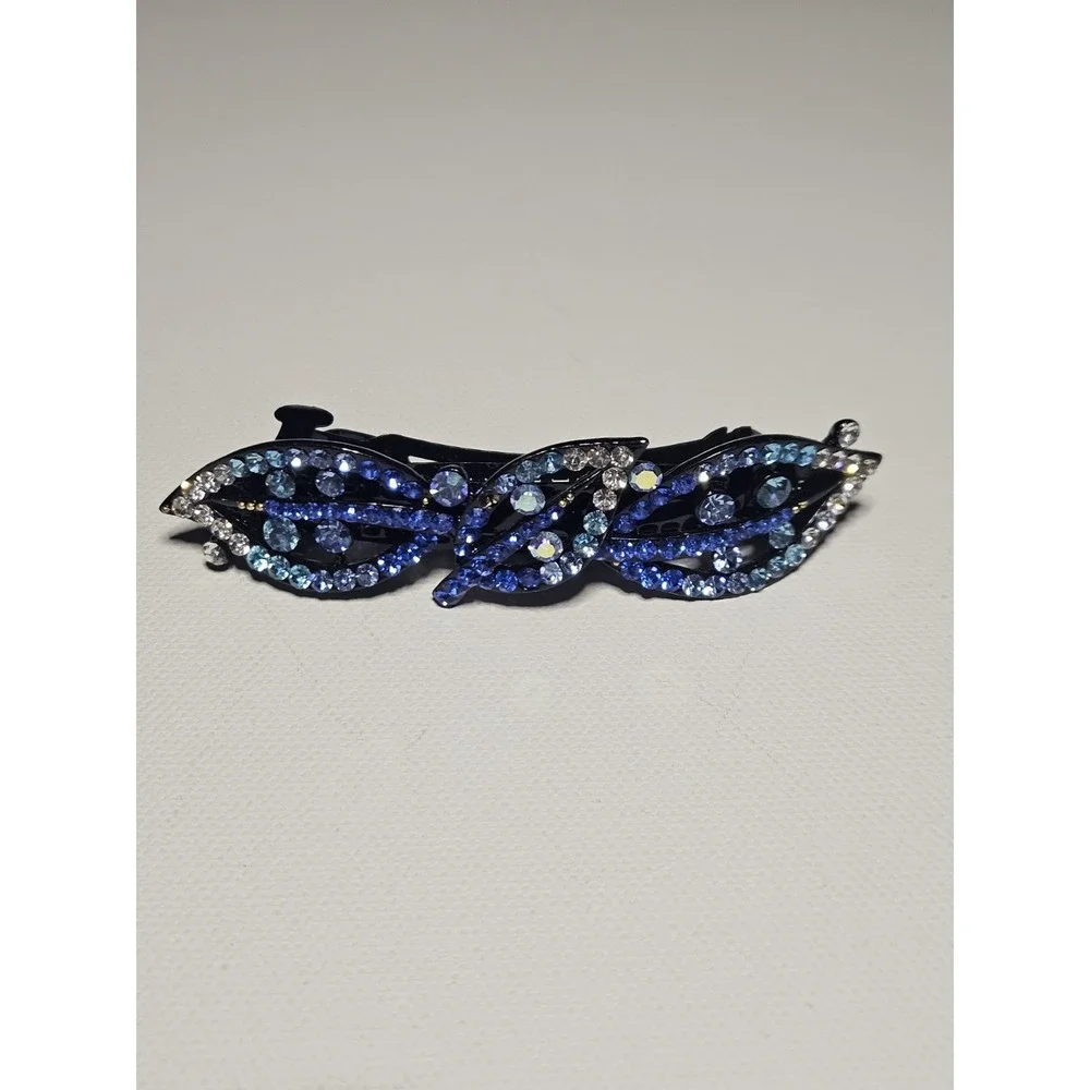 Blue Rhinestone Leaf Hair Barrette Crystal Sparkly Navy Teal Wave Clip Women